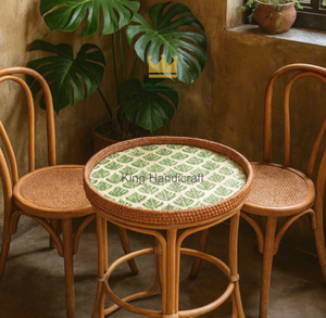 Handcrafted Natural Bamboo Rattan Side <b>Table</b> Mother of Pearl Inlay Minimalist <b>Round</b> <b>Bedside</b> Coffee Accent <b>Table</b> - Product Image 6