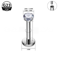 Perhiasan tindik tubuh titanium G23 ASTM F136 empat cabang CZ berulir dalam, kualitas implan, untuk bibir, telinga, dan tubuh.