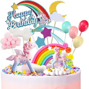 Unicorn Cake Topper Unicorn Rainbow Cake Decorations With Rainbow Stars Balls Happy Birthday Cake Decorations For Kids Birthday