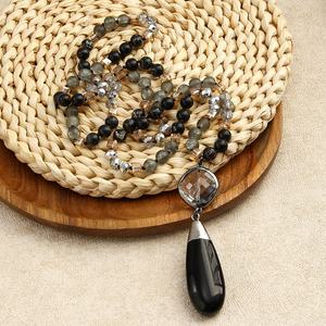 Модные украшения в стиле ретро, ожерелье из натурального камня 8 мм, круглое соединение из стекла, черная длинная подвеска в виде капли воды - Product Image 3
