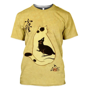 Camiseta de Alta Calidad con Estampado de Cultura Japonesa, Diseño Vintage de Gato, Camiseta Básica de Moda con Cuello Redondo de Poliéster, Venta al Por Mayor - Product Image 3