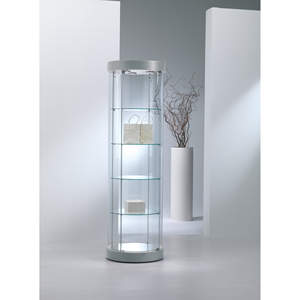 Vitrina Redonda de Vidrio Templado 71x190cm Gris Claro con Puerta Abatible con Cerradura, Iluminación LED y Estantes Ajustables - Product Image 1