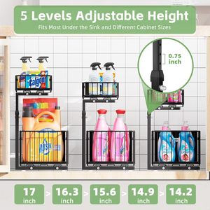 Lot de 2 étagères de rangement coulissantes ajustables en hauteur en forme de L à 2 niveaux pour sous évier, organisateur de cuisine, tiroir de rangement séparé, support pour épices - Product Image 3