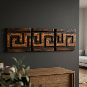 Paneles Decorativos de Pared de Madera de Mango Marrón Hechos a Mano, Diseño Tradicional de Oaxaca Monte Alban, Tríptico, Aqudus Saleem, Venta al Por Mayor - Product Image 2