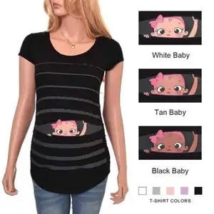 Camiseta con estampado divertido para mujer, ropa de embarazo, camiseta de manga corta de dibujos animados a rayas para bebé, Top de algodón para embarazo