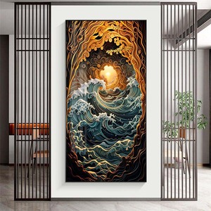 Art mural en carreaux de cristal style Ukiyo-e japonais - Coucher de soleil doré sur les vagues - Décoration murale océanique style Kanagawa - <span class=keywords><strong>Peinture</strong></span> sur cristal pour <span class=keywords><strong>la</strong></span> maison - Product Image 2