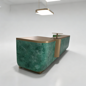 Table de réception Q151 en quartzite vert brillant à coins arrondis, finition en laiton de luxe, pour hall d'hôtel, spa, réception, taille personnalisée disponible - Product Image 4