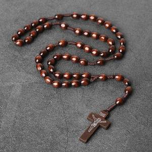 Rosario Vintage con Cruz, Cuentas de Madera Natural de 10mm, Colgante Religioso Hecho a Mano, Regalos de Jesús para Pascua, Joyería Cristiana al por Mayor - Product Image 1