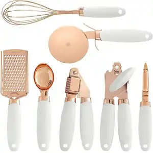 Private Label Simple Useful Rose Gold Stainless Steel Kitchen Utensil Set With White Plastic Handle Household Kitchenware