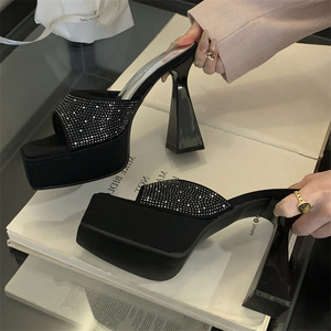 Sandalias de Plataforma con Tacón Grueso y Brillantina, Diseño de Boca de Pez, Color Negro, Impermeables, Moda Verano 2025 - Product Image 5