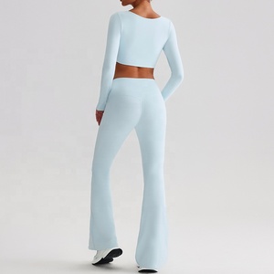 Femmes taille haute réversible respirant Yoga Fitness porter 2 pièces ensemble couleur unie mode vêtements de sport - Product Image 2