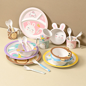 Juego de Platos de Fibra de Bambú para Bebés, Plato con Compartimentos Creativos de Dibujos Animados para Niños, Tazón, Taza, Tenedor, Cuchara, Vajilla para Guardería y Restaurante - Product Image 4