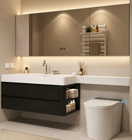 Meuble-lavabo mural moderne en bois massif noir résistant à l'eau avec vasque intégrée et miroir LED intelligent