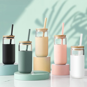 Wholesale Promotion Custom Single-Layer Multicolor Silicone Sleeve with Bamboo Lid Straw High Borosilicate Thick Glass Cup