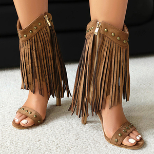 Women Tassels Summer Short <b>Booties</b> Rivets Single Band Side Zipper Ankle Boots Thin High Heels Sandals Big Size 48 Suede Shoes - Product Image 3