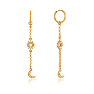 Boucles d'oreilles pendantes en strass étoile et lune, clous en acier inoxydable doré pour femmes, bijoux de fête - Product Image 5