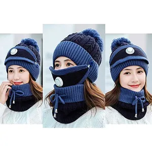 Winter Fleece Lined Women Beanie Knit Hat Scarf Mask Set Girls Warm Hat Earmuffs Cap With Pom