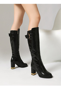 White <b>Knee</b>-<b>High</b> Boots Pu Upper Round Toe Square Heel Buckle Strap All Seasons Fashion Trend Drop Shipping - Product Image 5