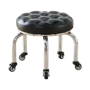 Leather Round Rolling Low Stool Portable Foot Stool with Wheels