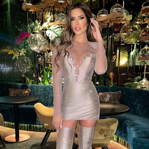 Mode Sexy luxe perlé strass maille épissé Transparent robe <span class=keywords><strong>de</strong></span> soirée femmes moulante Mini discothèque Club robe - Product Image 1