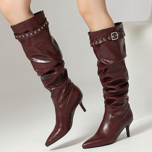 Big Size 46 Women's Pleated Upper Wide Fit <b>Knee</b> <b>High</b> Boots Medium Thin Heels Shoes Top Belt Buckle Long Booties - Product Image 4