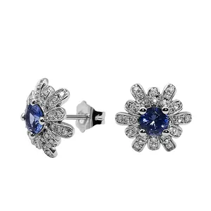 Nice Design Flower Shape Genuine 14K White Gold Diamond Earrings Fashion Real Gold Blue Sapphire Diamond Earring