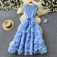 Robe longue décontractée rose élégante pour femme, coupe trapèze, à volants superposés, avec ceinture, sans manches, col rond, pour le quotidien et les soirées