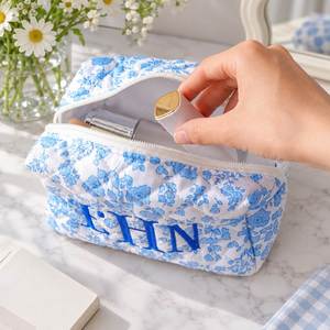 Personalized Floral <b>Quilted</b> Fashion <b>Makeup</b> <b>Bag</b> Embroidered Name Cosmetic Pouch Polyester Toiletry Case Zipper Travel Bridesmaid - Product Image 2