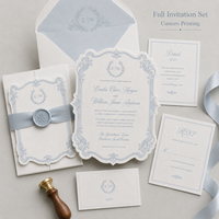 Ensemble d'invitations de mariage personnalisées vintage bleu crème, élégant, avec monogramme, enveloppe lignée et cartes RSVP et de détails assorties