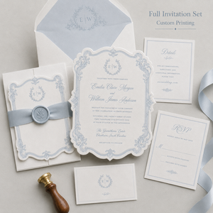 Set <span class=keywords><strong>di</strong></span> Inviti Matrimoniali Vintage Blu Personalizzati con Monogramma Elegante, Busta Foderata e <span class=keywords><strong>Carte</strong></span> RSVP e Dettagli Abbinate - Product Image 5