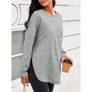 Sudadera de cuello redondo para mujer, manga larga, dobladillo asimétrico, corte holgado, informal, para otoño, color gris - Product Image 3