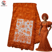 Tissu en dentelle de tulle orange brûlé de haute qualité, tissu en dentelle française brodé de luxe nigérian pour robes de soirée