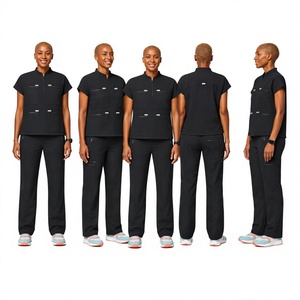 <b>Women's</b> <b>Black</b> Mandarin Collar Scrubs Short Sleeve Zip <b>Pockets</b> Woven Fabric Regular Fit Casual Autumn Wear Character Quick Dry - Product Image 3