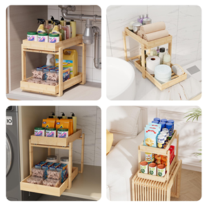 2 Pack Bamboo Wooden 2-Tier Pull-Out <b>Storage</b> Organizer with Sliding <b>Drawers</b> Under Sink <b>Storage</b> <b>for</b> Kitchen & Bathroom Cabinets - Product Image 1