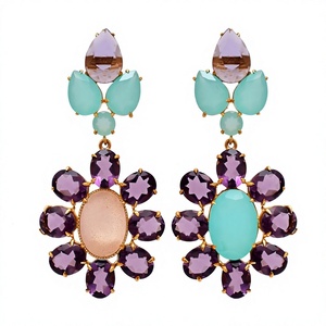 Pendientes Colgantes de Flor de Amatista Chapados en Oro al por Mayor, Pendientes de Gota de Piedras Preciosas Multicolor de Corte Ovalado para Mujer - Product Image 4
