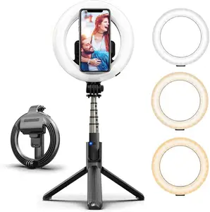 Selfie Ring Licht mit Stativ & Telefon Halter Wiederaufladbare Selfie Stick Stativ 6.3 "Led Kamera Live-Stream Ringlight