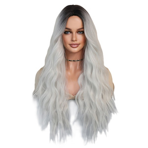 Peluca de Cabello Largo y <span class=keywords><strong>Rizado</strong></span>, Estilo Dibujos Animados, Degradado Plateado Blanco, con Raya al Medio, Resistente al Calor, Semi-Atada a Mano, Ajustable - Product Image 1