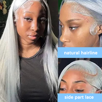 Perruque frontale en dentelle HD 13x6 gris argenté, cheveux humains super double drawn, lisses comme des baguettes, gris cendré, sans colle, pré-épilée