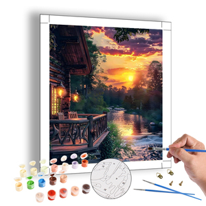 Dipinto Fai-da-Te Personalizzabile con Cabina al Bordo di un Fiume in Montagne Profonde e Foreste, Decorazione Murale e Arredamento Casa - Product Image 1