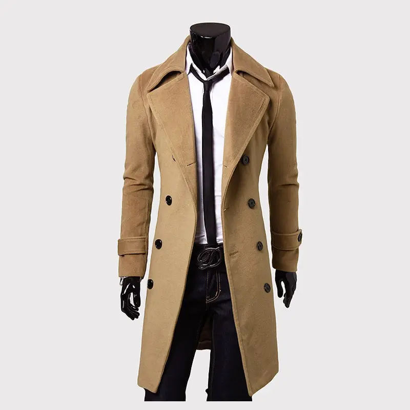 2021 Winter Solid Color Double Breasted Jacket Woolen Long Trench Mens Coats