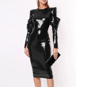 Vendita calda Rotonda collo manica lunga strutturato spalla vestito di lustrini posteriore con zip elegante <span class=keywords><strong>Drappeggiato</strong></span> dettagli vestiti da partito <span class=keywords><strong>midi</strong></span> YLDR002ZC - Product Image 3