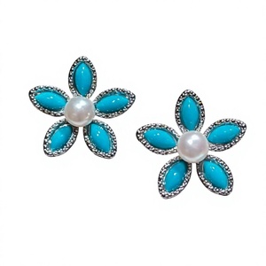 Boucles d'oreilles à fleurs bleues, perles d'eau douce, plaqué platine, bijoux d'oreille floraux pour femmes, fête d'anniversaire ORIGINAL - Product Image 3