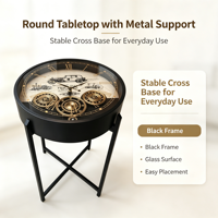 Table d'appoint ronde vintage avec horloge à engrenages, plateau en verre imprimé, cadre en métal noir, style industriel, pour canapé, décoration intérieure, mobilier