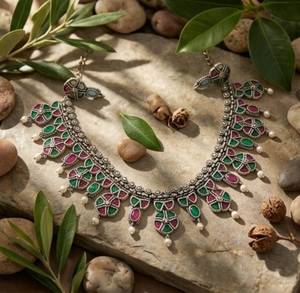 DIVYORO Ensemble de collier bicolore rose et vert avec pierres, finition oxydée, parure de bijoux élégante de créateur avec boucles d'oreilles - Product Image 3