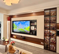 Meuble TV mural moderne pour salon, centre de divertissement personnalisé, vitrine en bois massif avec étagères lumineuses, bar à domicile