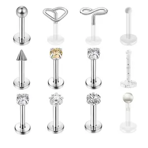 12 pcs flat bottom stainless steel diamond encrusted set lip ring wholesale