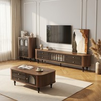 Ensemble table basse et meuble TV vintage en noyer écologique avec rangement en verre cannelé cintré, style rétro français, pour salon et chambre