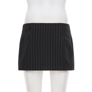 Minifalda Casual Tejida con Rayas Negras, Cintura Baja con Lazo y Fruncido, Estilo Vintage para Verano - Product Image 6