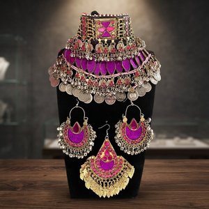 Parure de bijoux ethniques afghans Kuchi pour femme, style antique afghan, avec collier à pampilles et pièces de monnaie, boucles d'oreilles et tikka, pour mariage, fête ou l'Aïd - Product Image 1