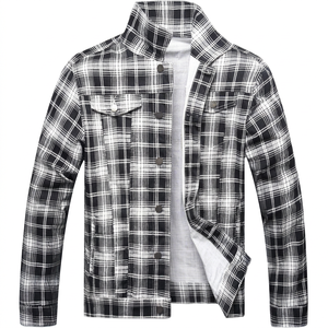 Chemise-veste décontractée pour homme à carreaux noirs et blancs, col rabattu, fermeture à boutons simple, longueur normale, mélange de coton - Product Image 1